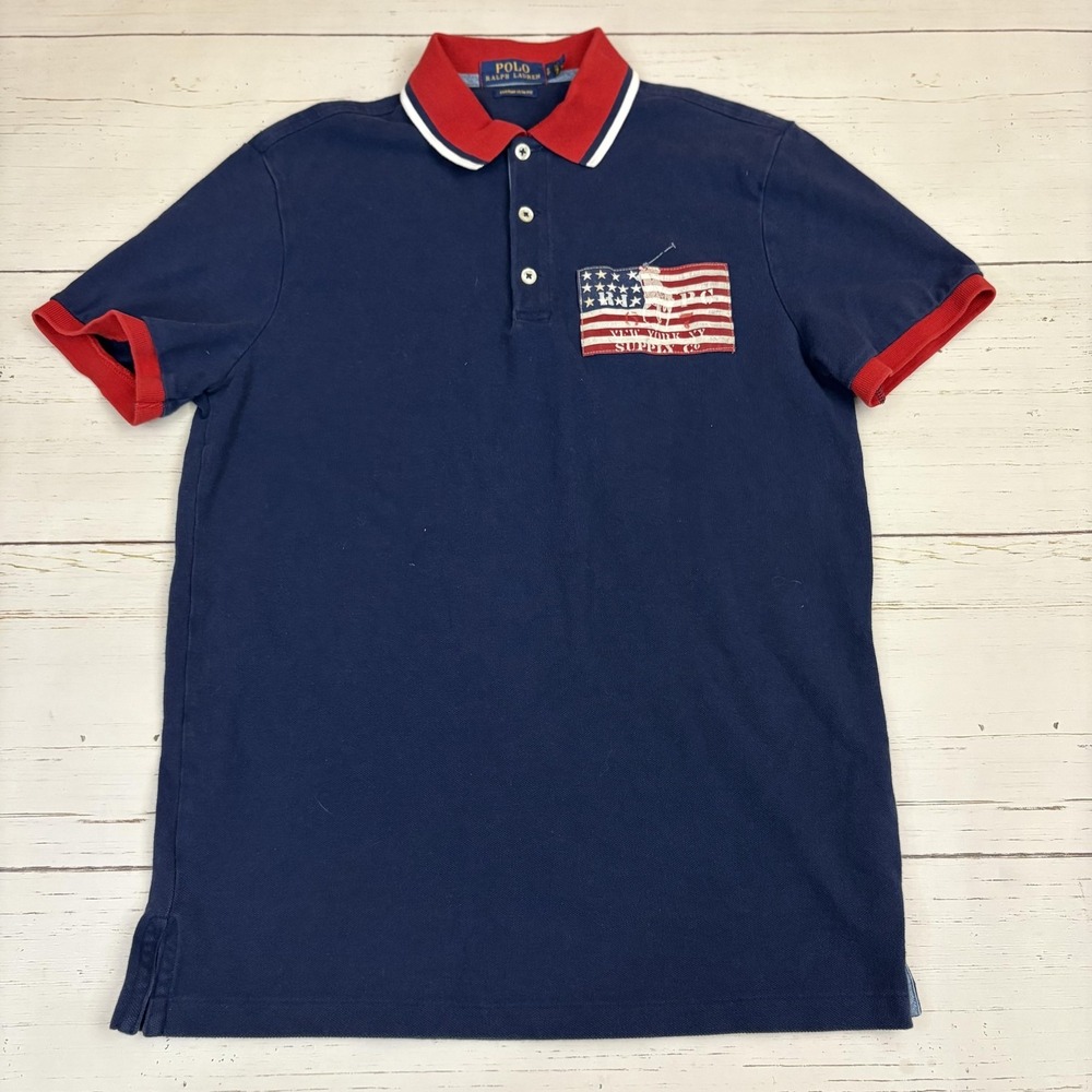 Polo Ralph Lauren Polo Shirt Mens S Blue Custom Slim Fit American Flag Patch